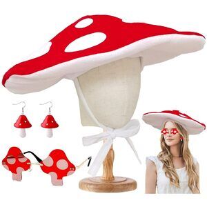 9186 Mushroom Hat Sunglasses Earring Cosplay Set Large Size Red